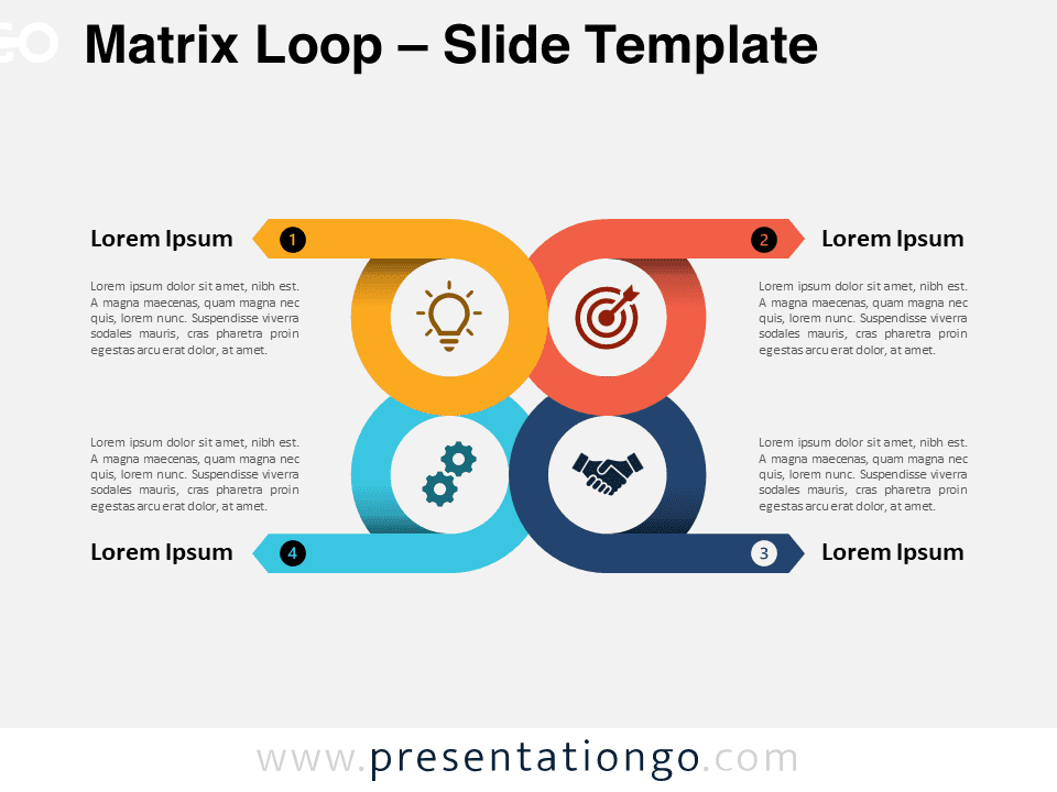 Preview of Matrix Loop template for PowerPoint showing four interlinked rings with exit loops in a continuous circular flow, ideal for illustrating processes and relationships in presentations.