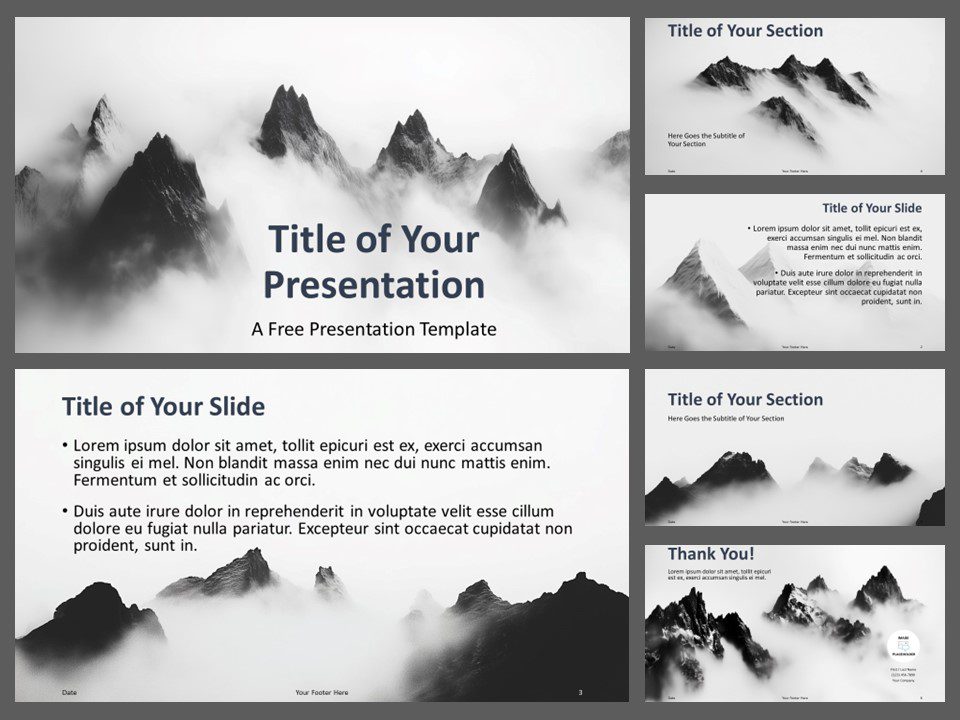 Preview of the Misty Mountains Template for PowerPoint and Google Slides, showcasing a serene, monochromatic design with misty mountain landscapes.