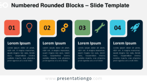 Widescreen version of the Numbered Rounded Blocks template for PowerPoint and Google Slides, design option 1 with a light background, showcasing a four-step process with editable blocks, numbers, and icons.