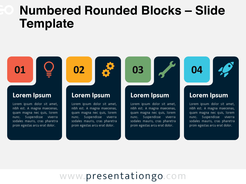 Numbered Rounded Blocks for PowerPoint preview, featuring a four-step process diagram with large numbered blocks and icons, ideal for creating clear and structured presentations.