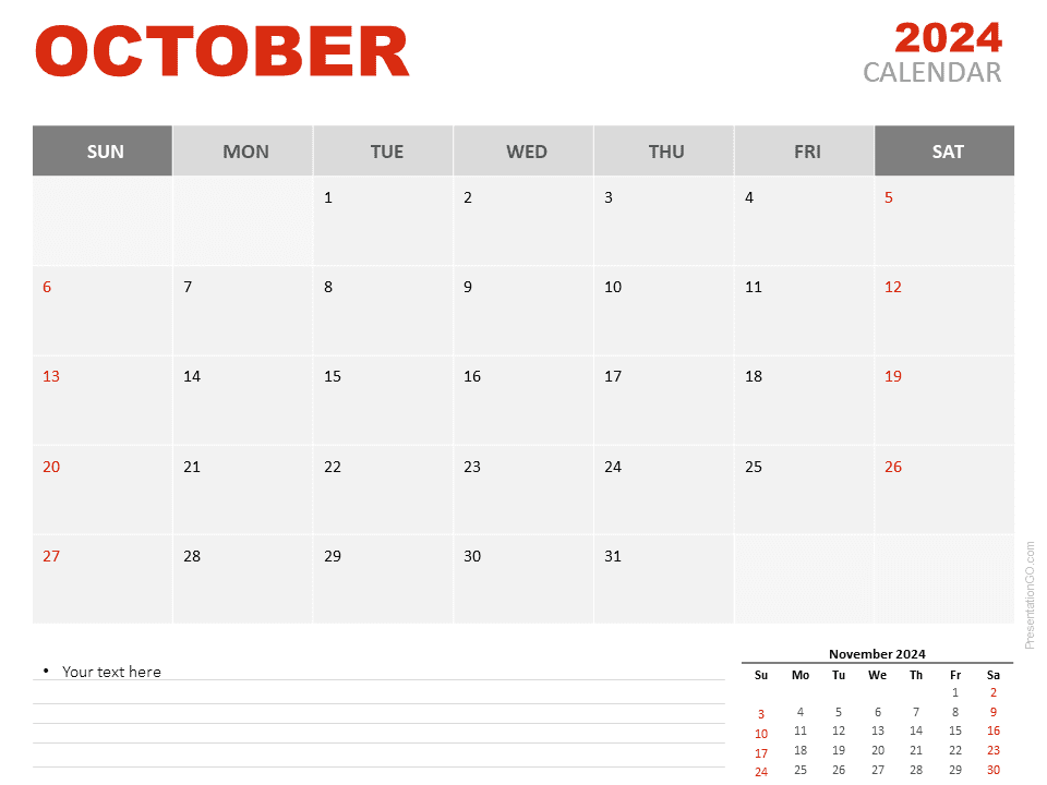 Preview of October 2024 Calendar template for PowerPoint and Google Slides with a clean, minimalist design.