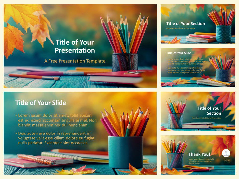 Preview of the Pencils & Leaves Template for PowerPoint and Google Slides, showcasing 6 autumn-themed slides with vibrant pencils and fall leaves. Ideal for educational and creative presentations.