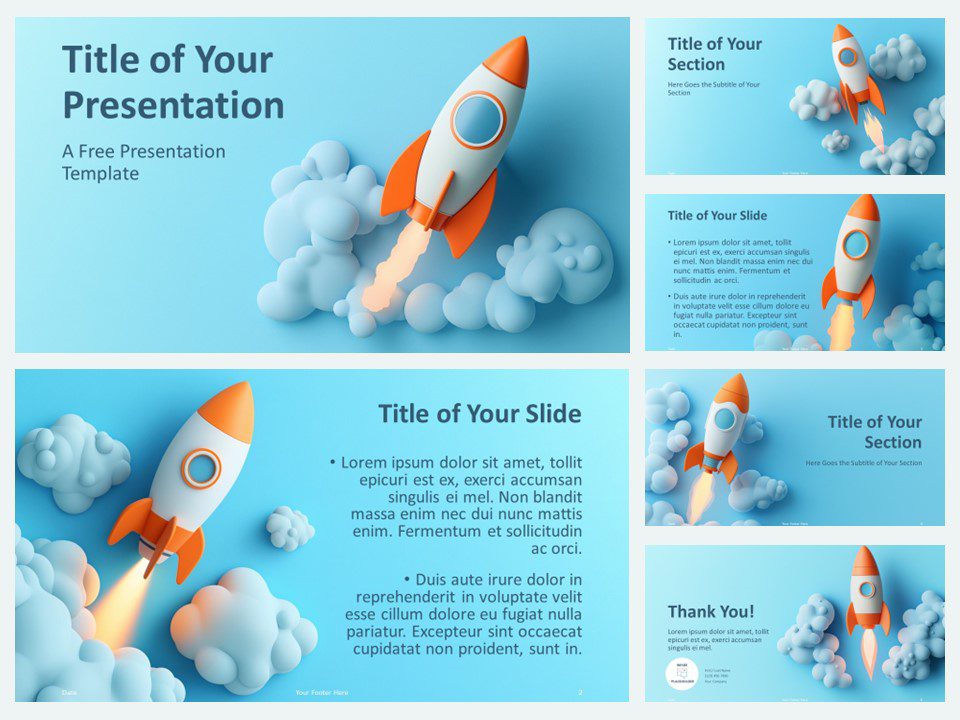 Preview of the Rocket Startup Template featuring a 6-slide layout, designed for PowerPoint and Google Slides, with modern rocket-themed illustrations and a minimalistic, tech-focused design.