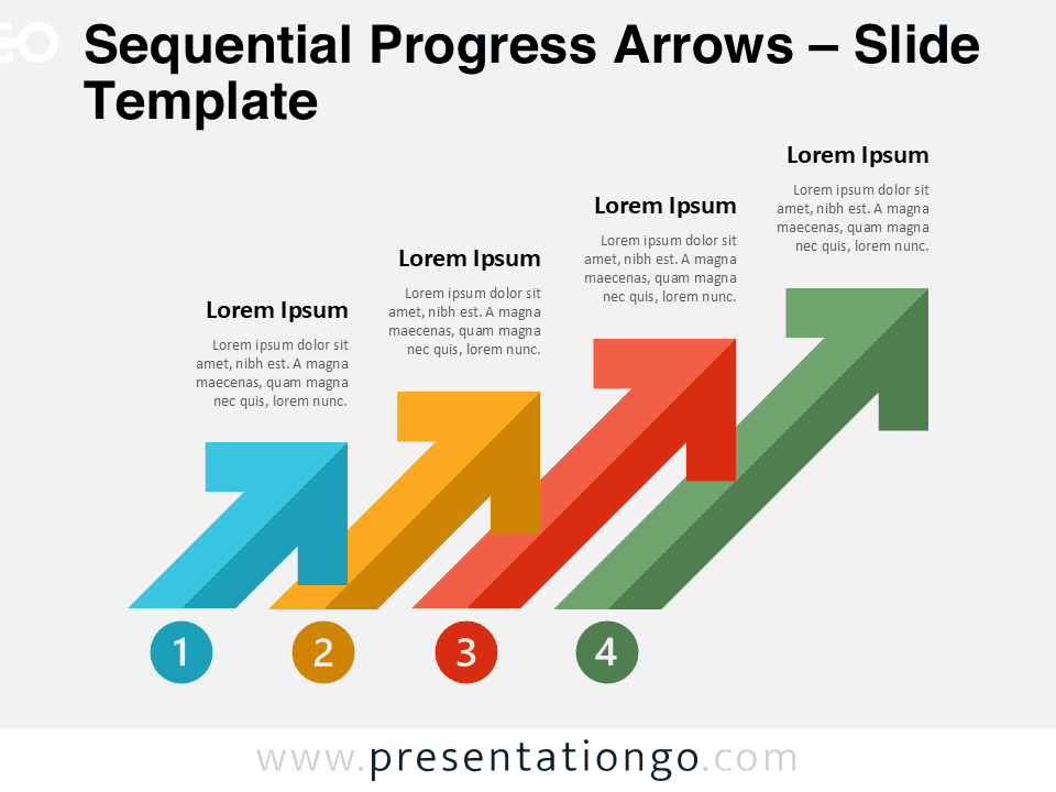 A four-step sequential progress arrows template for PowerPoint, featuring upward-pointing arrows for illustrating stages or processes with customizable elements.