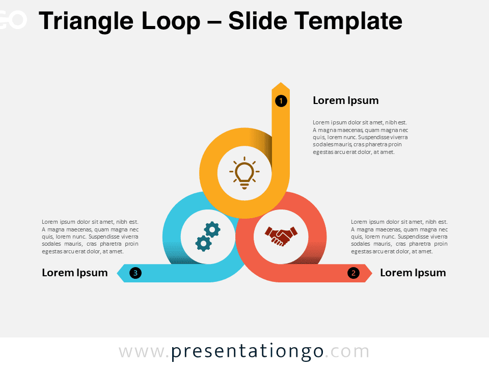 Preview of the Triangle Loop Diagram for PowerPoint, showcasing a three-step circular process with interconnected rings and pentagon arrow exit loops, perfect for illustrating continuous cycles in presentations.