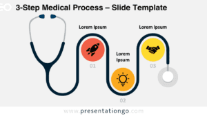 Light background version of the 3-Step Medical Process template for PowerPoint and Google Slides, displaying a flow diagram in the shape of a stethoscope with three distinct medical process steps.