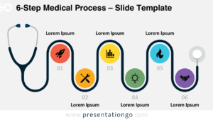 Light background preview of the 6-Step Medical Process for PowerPoint and Google Slides, featuring a stethoscope-shaped flowchart with six distinct steps for medical presentations.