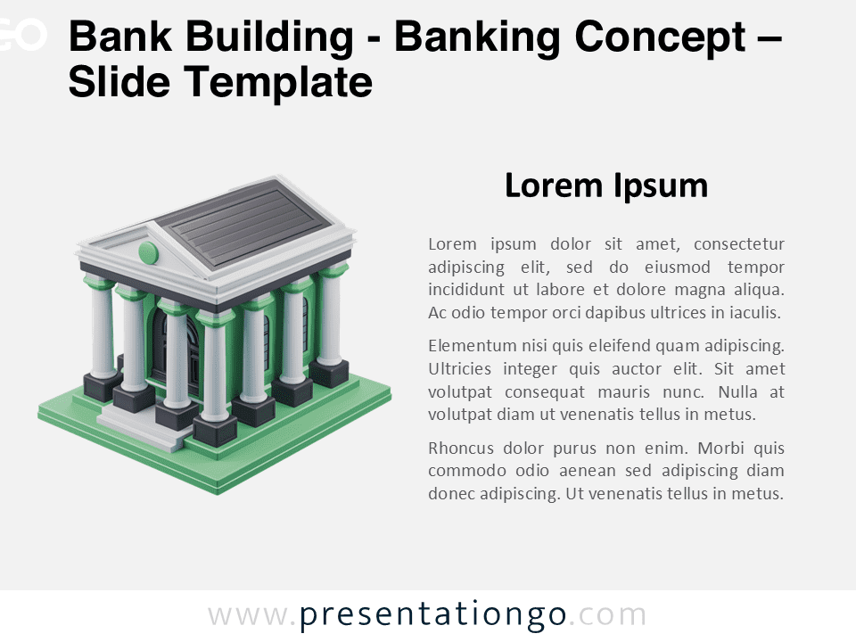 Preview of the Bank Building - Banking Concept template for PowerPoint and Google Slides, featuring a 3D classical bank design.