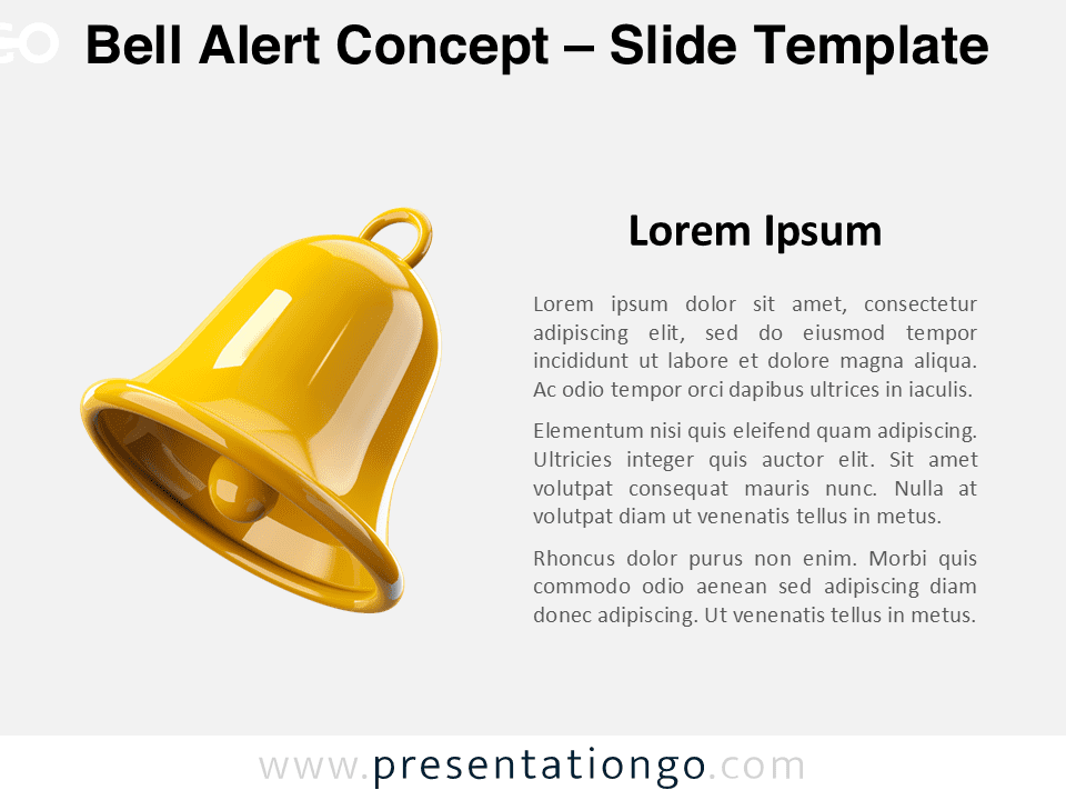 Bell Alert Concept slide preview template for PowerPoint and Google Slides, featuring a 3D yellow bell on a light background.