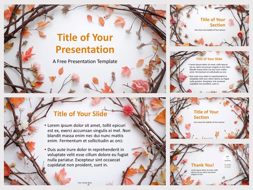 Preview of the Blossom Fall Frame Template for PowerPoint and Google Slides, featuring six autumn-inspired slides with warm tones and floral details.