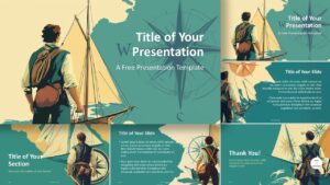 Widescreen version of the Compass of Discovery Template for PowerPoint and Google Slides, showcasing six explorer-themed slides with nautical elements.