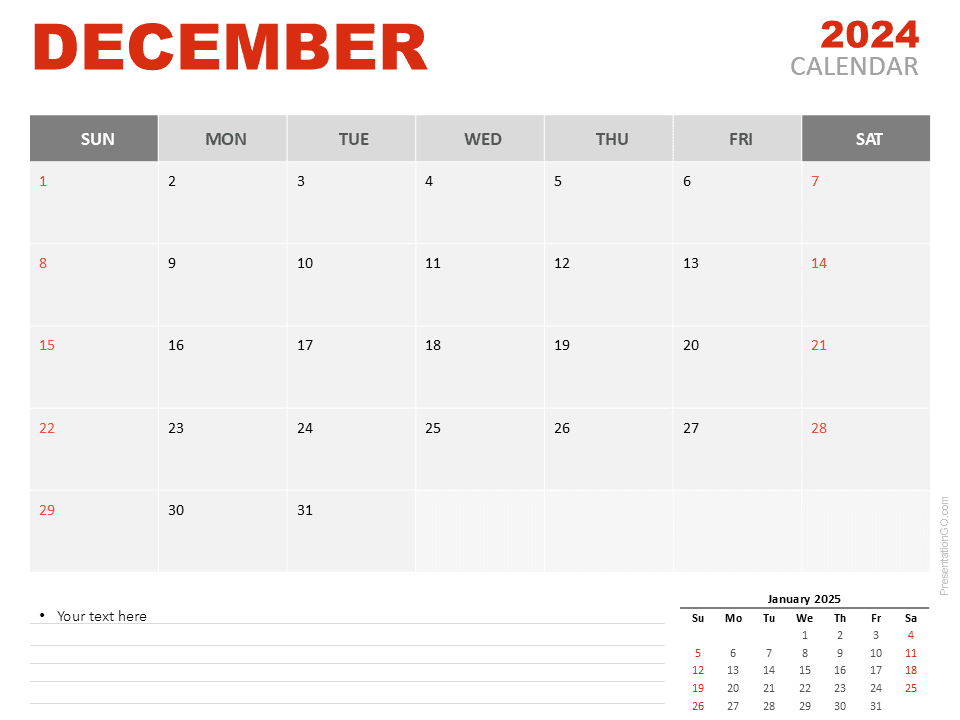 December 2024 Calendar template preview for PowerPoint and Google Slides, clean design with monthly layout.