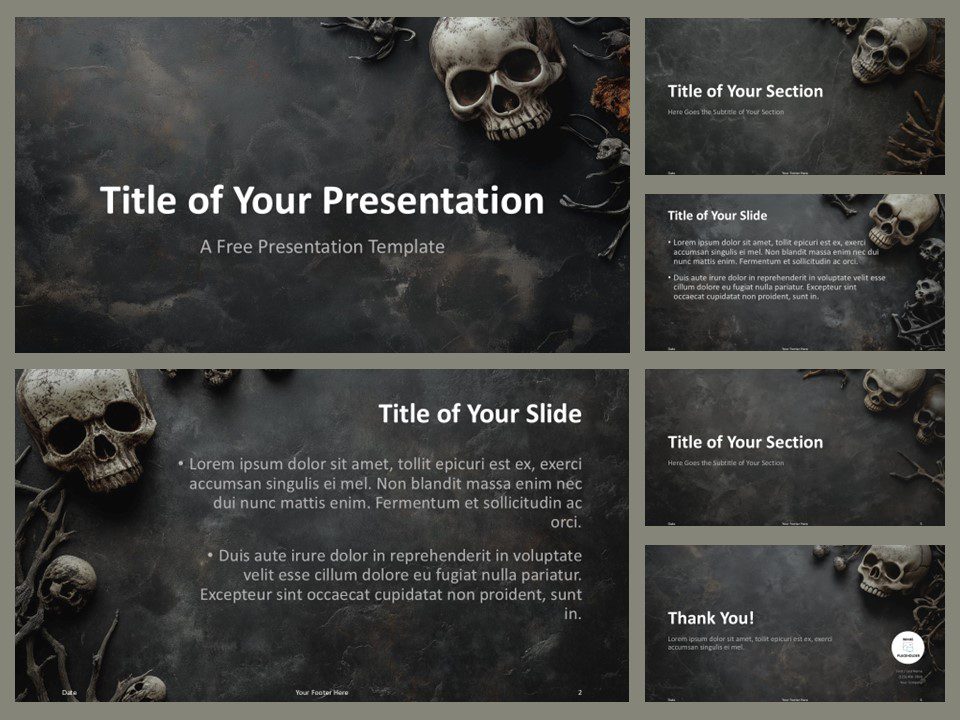 Preview of the Grim Slate Skulls Template for PowerPoint and Google Slides, featuring 6 haunting gothic-style slides with skull and bone backgrounds.