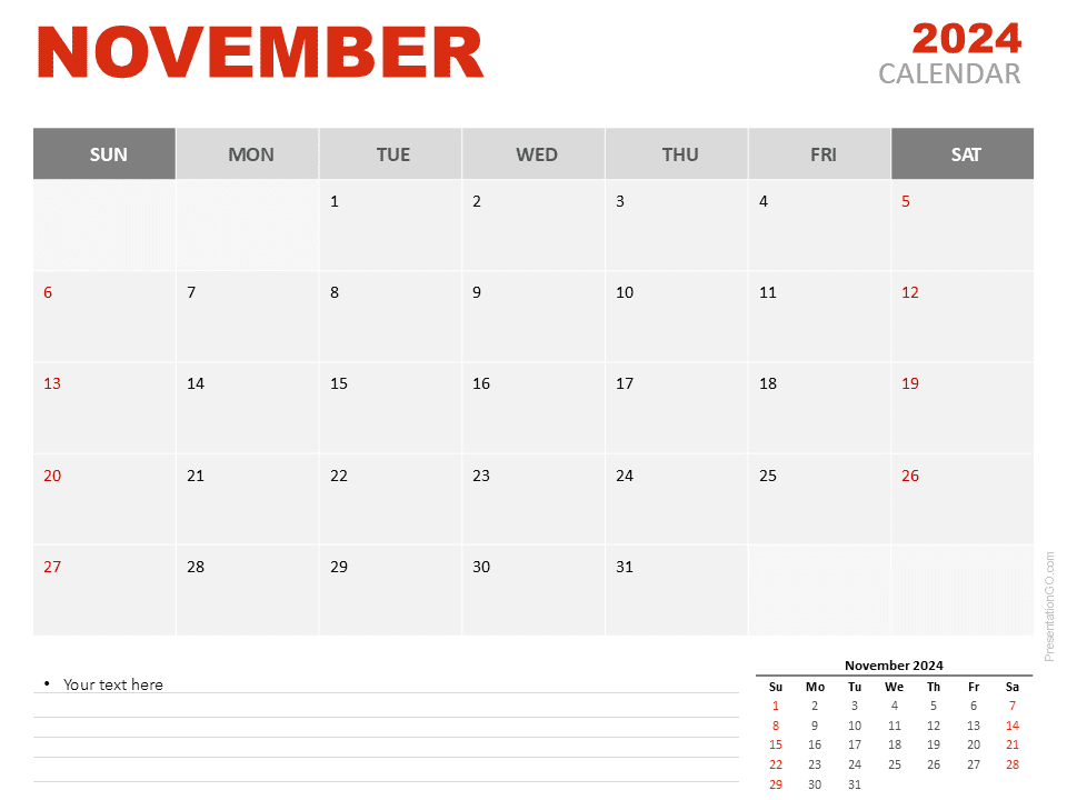 November 2024 Calendar template preview for PowerPoint and Google Slides, minimalist design with monthly layout.