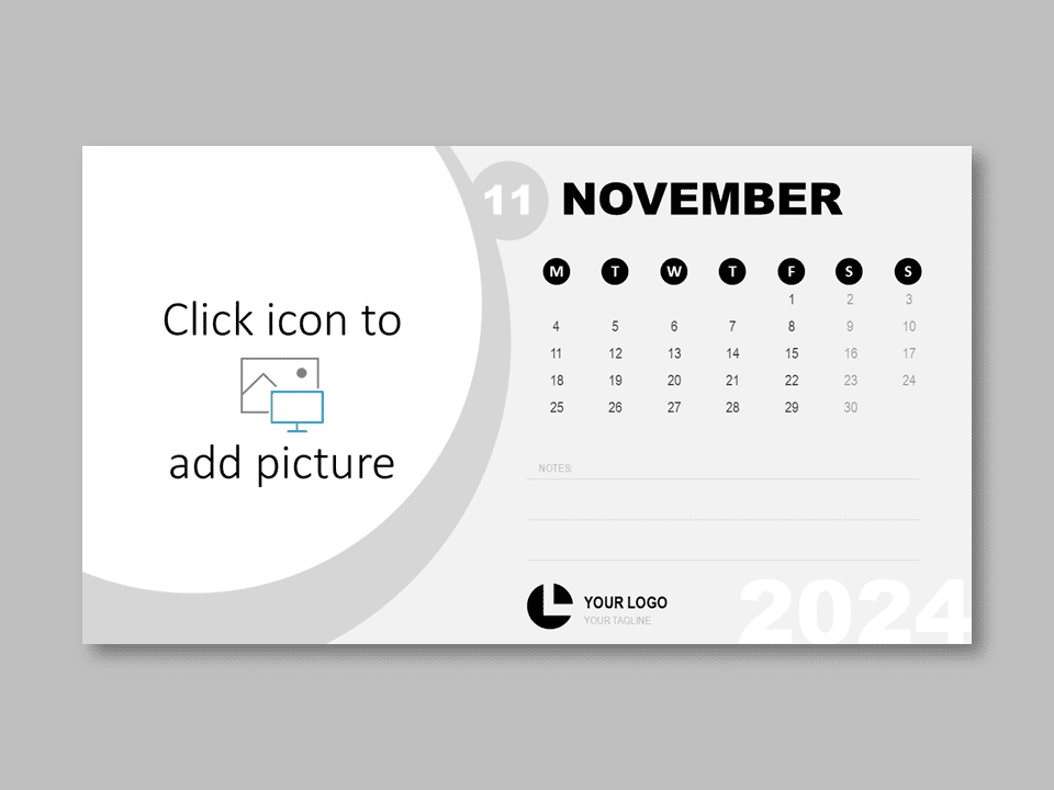 Featured image showing the November 2024 Office Calendar template for PowerPoint and Google Slides with customizable picture placeholder and notes section.