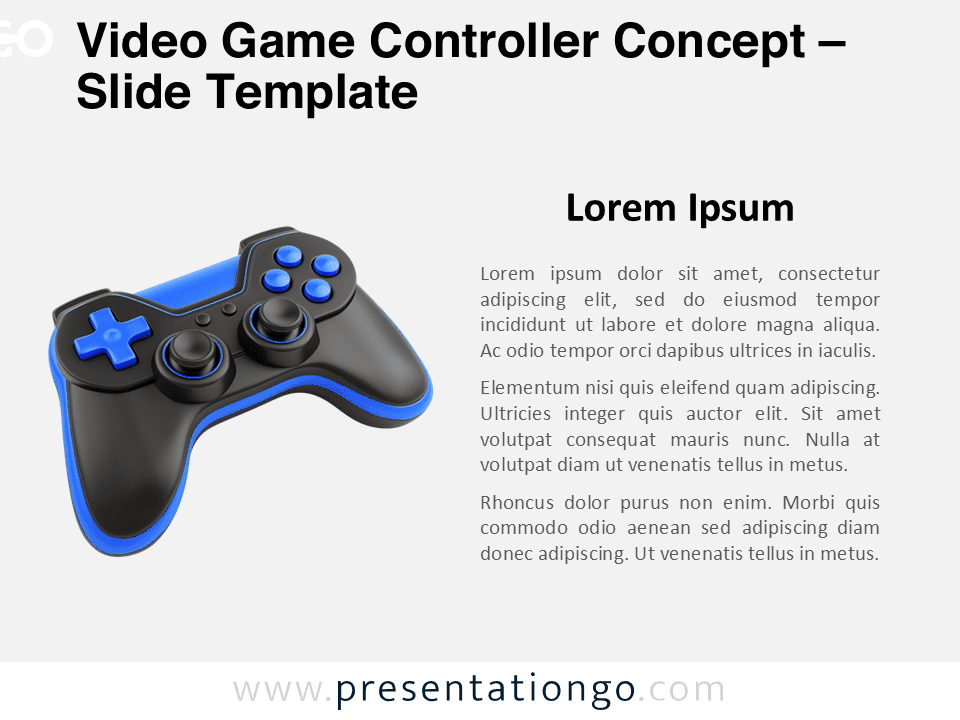 Preview of the Video Game Controller Concept slide template for PowerPoint and Google Slides, showcasing a close-up of a black and blue game controller with descriptive text.