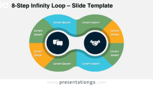 Widescreen preview of the 8-Step Infinity Loop diagram on a light background, showcasing a customizable eight-step circular flow for PowerPoint and Google Slides.