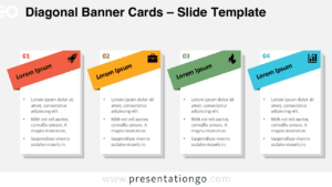Four-step Diagonal Banner Cards template in widescreen with light background, designed for PowerPoint and Google Slides with colorful, labeled sections.