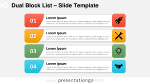 Dual Block List template for PowerPoint and Google Slides in widescreen format, featuring a light background with four editable sections.