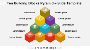 Widescreen Ten Building Blocks Pyramid template with light background, featuring a 10-block isometric structure for PowerPoint and Google Slides.