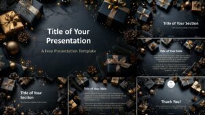 Overview of the Black Sparkle Holiday Template for PowerPoint and Google Slides in widescreen format with six festive slides.
