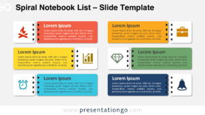 Widescreen Spiral Notebook List template with six editable sections and a light background for PowerPoint and Google Slides.