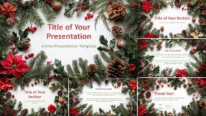 The Winter Pine Frame Template for PowerPoint and Google Slides displayed in a widescreen format with festive pine and red poinsettia frames.