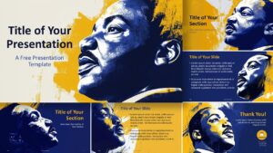 Overview of the Brushstroke MLK Legacy Template for PowerPoint and Google Slides, showcasing vibrant and empowering slide designs.