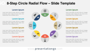 Widescreen version of the 8-Step Circle Radial Flow template with a light background, perfect for Google Slides and PowerPoint presentations.