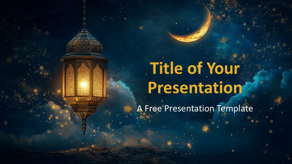The Celestial Lantern Cover Slide for PowerPoint and Google Slides showcases an elegant lantern glowing against a deep blue night sky with a crescent moon, ideal for cultural and festive presentations.