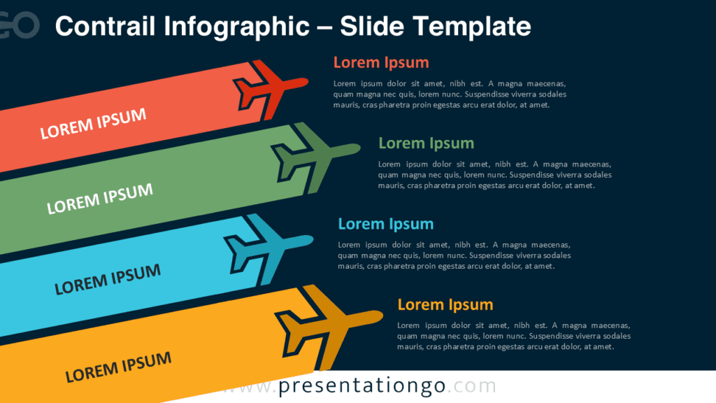 Four-step Contrail Infographic template for PowerPoint and Google Slides with a dark background, featuring customizable airplane-shaped elements.