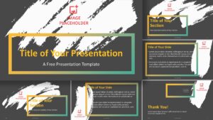 Widescreen version of the Dynamic Stroke Template for PowerPoint and Google Slides, showcasing six fully editable slides with bold brush stroke designs and creative layouts.