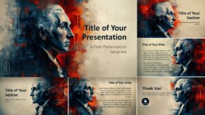 A widescreen preview of the Founding Fathers Template for PowerPoint and Google Slides, showcasing a historic theme with a striking red, blue, and beige color scheme.