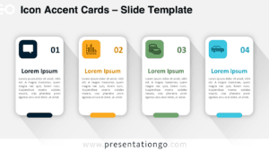A widescreen version of the Icon Accent Cards template for PowerPoint and Google Slides, featuring four numbered cards with icons and a light background.