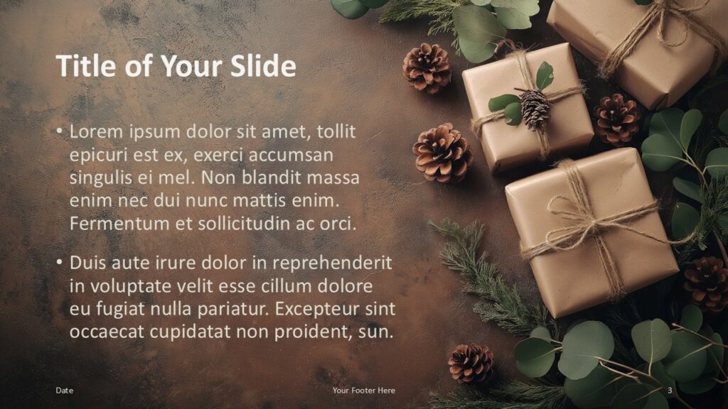 A beautifully designed Kraft Gift Title and Content Slide for PowerPoint and Google Slides, featuring a flat-lay background with natural textures and a clean text layout.