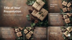 The Kraft Gift Template for PowerPoint and Google Slides showcases a flat-lay, nature-inspired theme with warm browns, kraft paper-wrapped gifts, and a minimalist layout for elegant presentations.