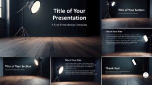 Studio Light Template for PowerPoint and Google Slides in widescreen format, designed with a professional dark background and studio lighting for business and creative presentations.