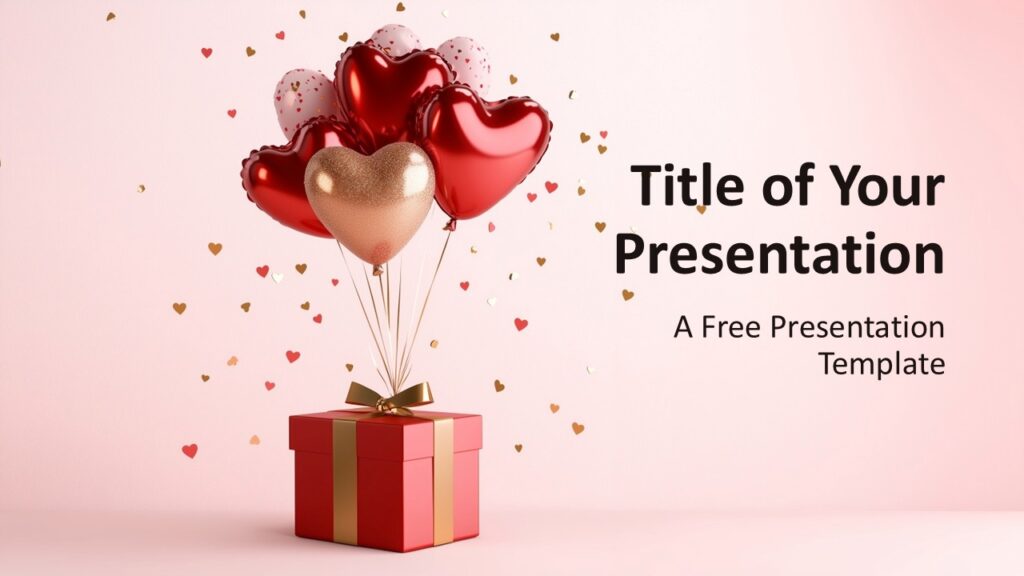 Cover slide of the Valentine’s Day Template for PowerPoint and Google Slides, featuring a red gift box with heart-shaped balloons on a pink background.