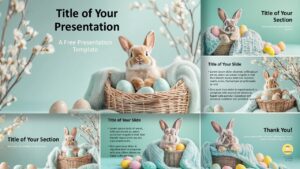 Bunny Basket template preview for PowerPoint and Google Slides with spring bunnies, pastel colors, and widescreen layout.