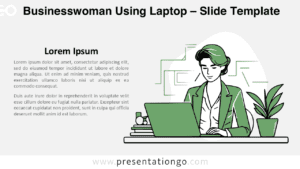 A widescreen businesswoman using a laptop template for PowerPoint and Google Slides, featuring a modern flat design with a light background for corporate and technology-themed presentations.