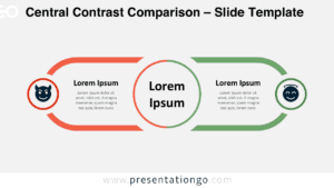 A light-themed slide template for PowerPoint and Google Slides designed to compare contrasting ideas with a central comparison circle.