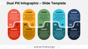 Widescreen dual pill infographic for PowerPoint and Google Slides with 5 steps, icons, editable shapes, and a light background.
