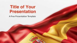 Cover slide design with a fluttering Spanish flag on the right and a customizable title area on a white background.