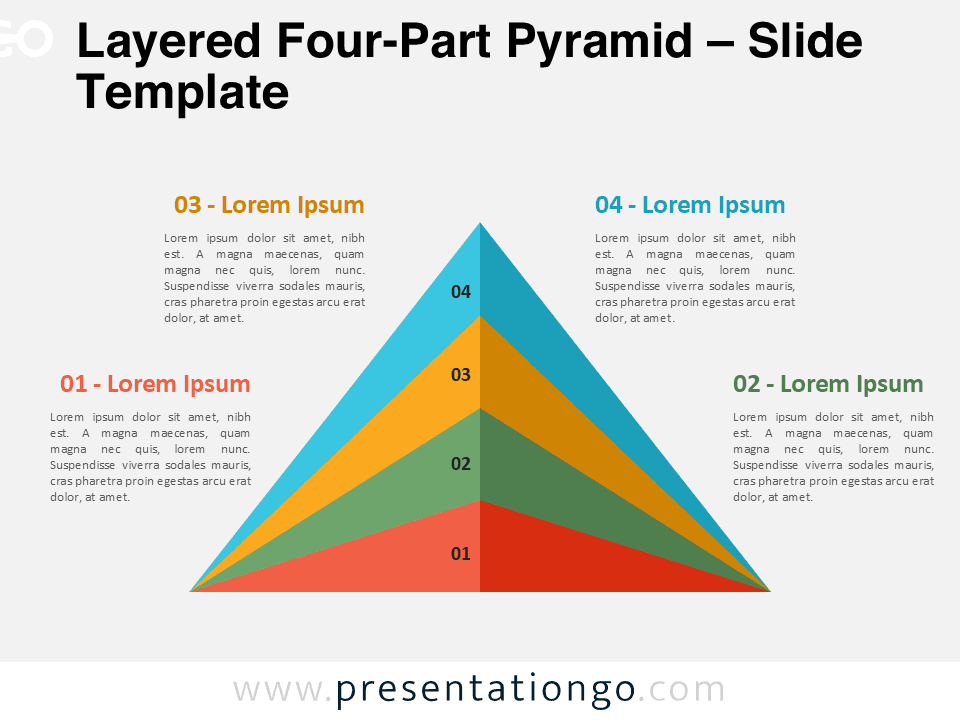 A 3D Layered Four-Part Pyramid diagram for PowerPoint, featuring a structured four-step design with a mirror and folding effect.