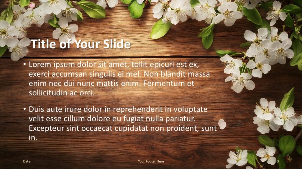 A second title and content layout for the Rustic Springtime Template, offering a rustic wooden backdrop with elegant blossoms for clarity.