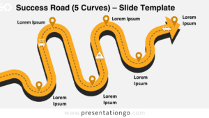 A serpentine road diagram with five curves, featuring location markers and text placeholders, designed for PowerPoint and Google Slides.