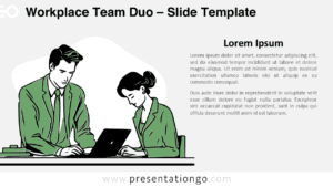 A professional business template for PowerPoint and Google Slides featuring a retro-futuristic illustration of two individuals working together, symbolizing teamwork and office collaboration.