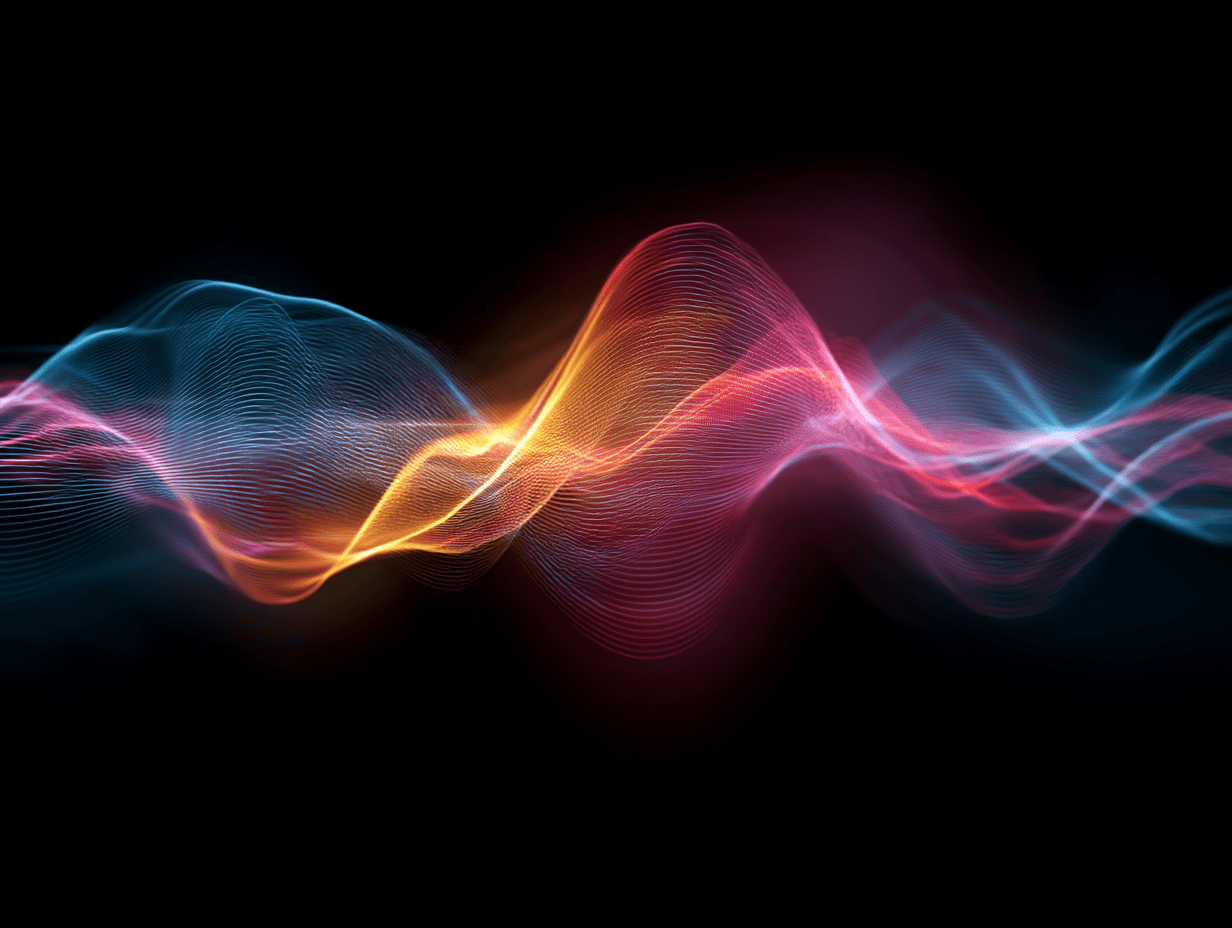 A vibrant multicolored sound wave with flowing lines in blue, orange, and pink on a black background—ideal for audio or tech themes.