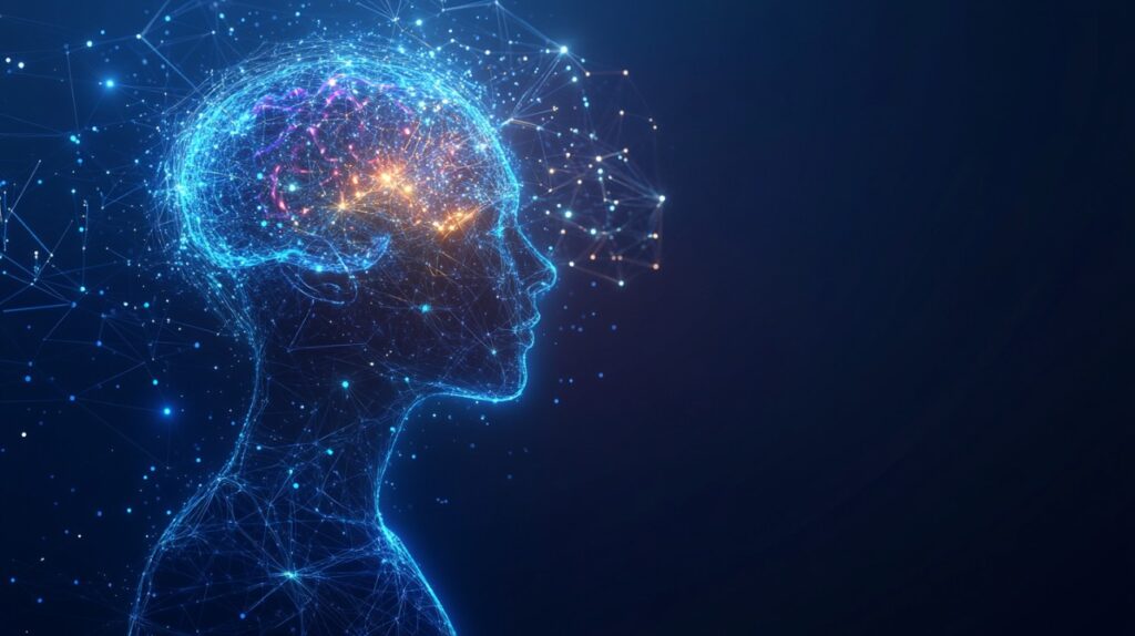 Futuristic human profile with glowing neural brain network representing artificial intelligence and data connectivity in a digital style.