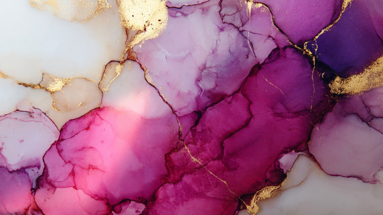 An abstract alcohol ink artwork featuring flowing pink and purple tones with shimmering gold accents, perfect for art and design use.